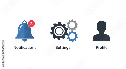 Mobile app icons, notification, settings, profile symbols, vector graphics