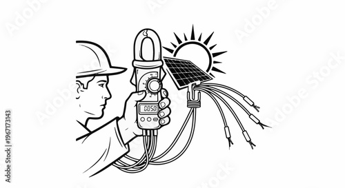 Man in hard hat holds meter near solar panel under sun