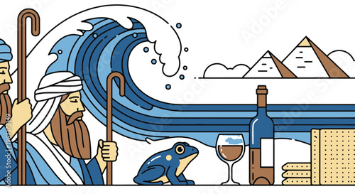 Men Carrying Staffs During Passover Day with Parted Sea and Pyramids