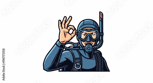 Diver in blue suit signals okay with hand, wearing mask and snorkel