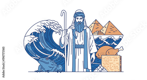 Moses Leading Passover Day with Egyptian Plagues and Pyramids