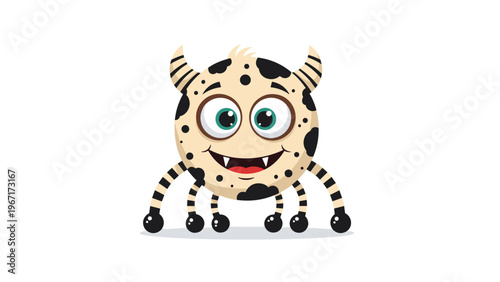 Friendly and quirky cartoon monster character with spots, small horns, and six legs, designed in a playful and non threatening style for kids.