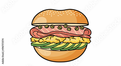 Delicious cartoon-style bagel sandwich with salmon, eggs, and avocado