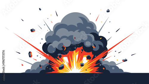 Dramatic illustration of a powerful explosion with dark gray smoke clouds, orange fire bursts, and flying debris against a white background.