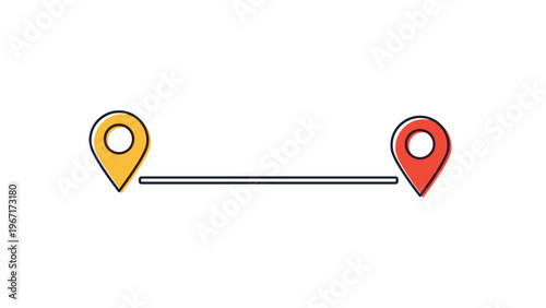 Simple map navigation icon showing two colorful location pins connected by a straight line to represent a distance or travel route between points.