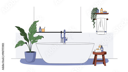 Stylish modern bathroom interior design with a large freestanding bathtub, indoor plants, and wooden furniture in a clean and bright space.