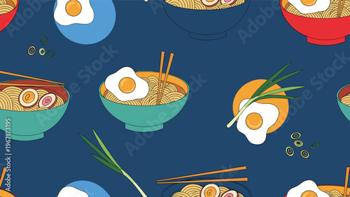 Yummy seamless pattern showcasing bowls of hot ramen soup with noodles, green onions, and soft boiled eggs on a dark blue background.