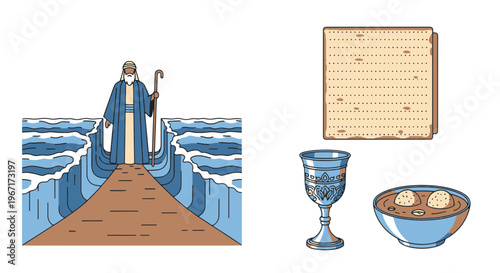 Moses Parts Red Sea Passover Day with Seder Plate Items