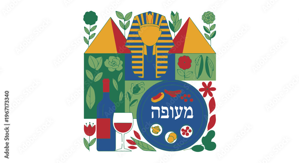 Fototapeta premium Passover Day Symbols with Egyptian Pharaoh Head and Wine Bottle