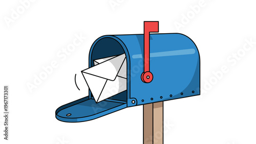 Blue residential mailbox on a sturdy wooden post filled with several white envelopes and the red flag raised.