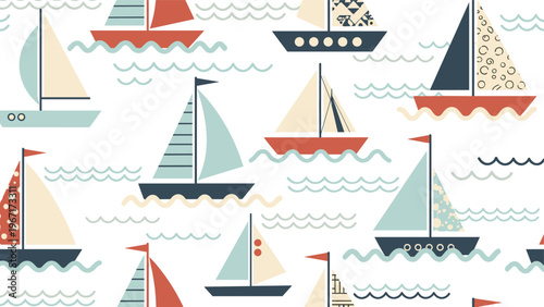Nautical seamless pattern featuring various stylized sailboats and waves in blue red and beige color tones.