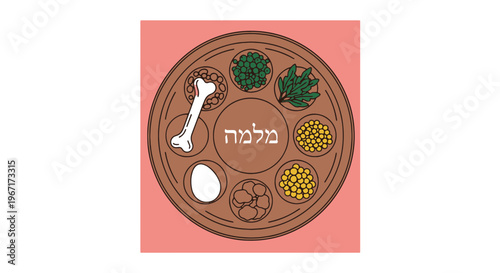 Passover Day Seder Plate with Symbolic Foods and Hebrew Text