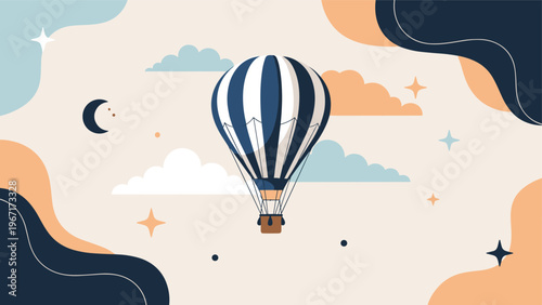 Navy and white striped hot air balloon floating peacefully through a whimsical sky filled with soft clouds and celestial elements.