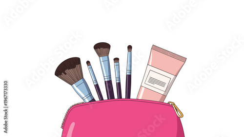 Pink cosmetic bag filled with various professional makeup brushes and a skincare product tube isolated on a plain white background.