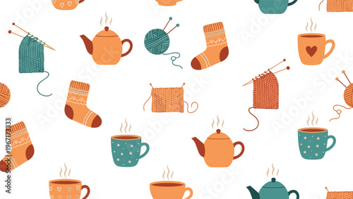 Seamless pattern featuring cozy hand-knitted items like wool socks and sweaters alongside steaming mugs of tea and teapots for winter.