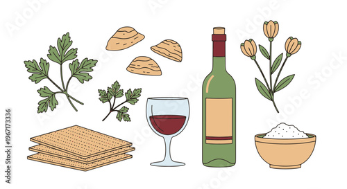 Passover Day Symbols Parsley Wine Matzah Flowers and Salt