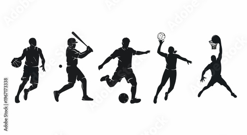 Diverse athletic silhouettes in action basketball, baseball, soccer, and dunking