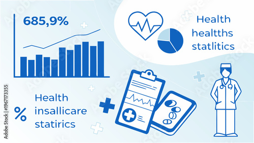 Clean modern healthcare infographic with charts, medical icons, data visualization, blue and white color theme.