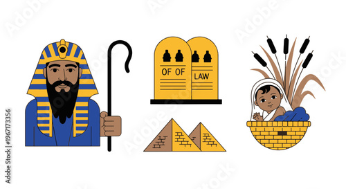 Pharaoh Holding Staff with Ten Commandments and Baby Moses in Basket
