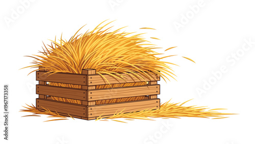 Rustic wooden crate overflowing with golden dried hay or straw sitting on a white background, perfect for farm and harvest themes.