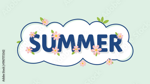 Artistic summer text display set inside a fluffy white cloud decorated with delicate pink blossoms against a soft green backdrop.