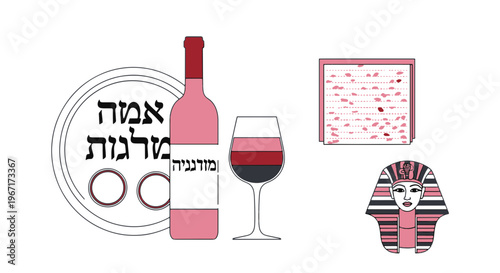 Passover Day Theme with Wine Bottle Glass Matzah and Egyptian Pharaoh