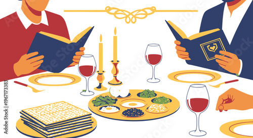 Traditional Passover Seder Meal Celebration with Family Members Reading Haggadah