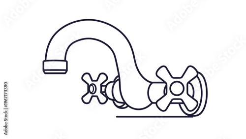 Simple black and white line art illustration of a classic bathroom or kitchen sink water faucet with dual cross handles on a white background.