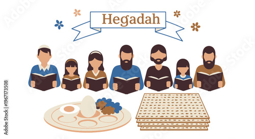 Family Reading Haggadah on Passover Day with Seder Plate and Matzah
