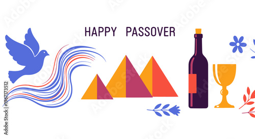 Happy Passover Day Celebration with Dove Pyramids and Wine