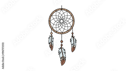 Traditional dreamcatcher featuring a woven circular frame and three dangling feathers with beads isolated on a simple white background.