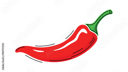 Shiny red chili pepper with a green stem and motion lines suggesting heat and spice isolated on a clean white background.