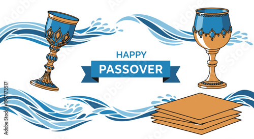 Happy Passover Day Festive Celebration with Ornate Goblets and Matzah Stack