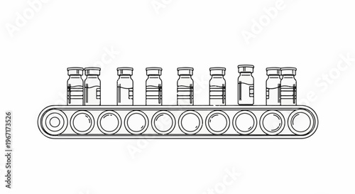 Line drawing of pharmaceutical vials on a conveyor belt in production