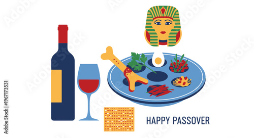 Happy Passover Day Celebration with Seder Plate and Wine