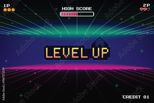 LEVEL UP icon, Pixel art 8 bit. Retro Futurism Sci-Fi Background. glowing neon grid. and stars from vintage arcade computer games