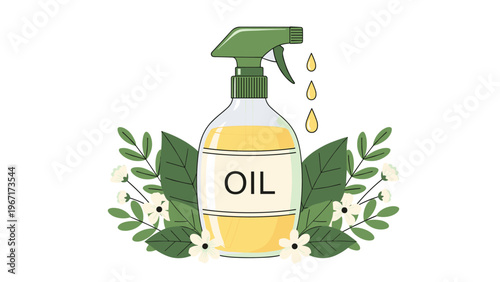 Elegant bottle of oil with a spray nozzle surrounded by green leaves and white flowers with golden droplets falling from the top.