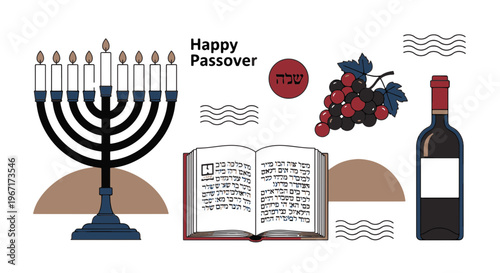 Happy Passover Day Traditional Symbols Grape Wine and Menorah Illustrations