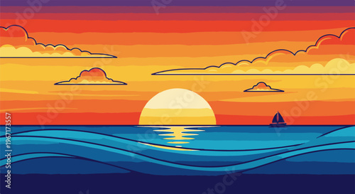 Pixel art sunset over calm blue ocean with a sailboat and stylized clouds