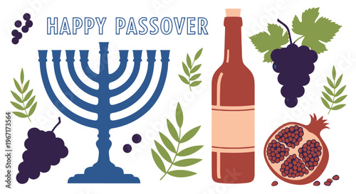 Happy Passover Day Holiday Symbols Illustration Featuring Grapes Wine and Pomegranate