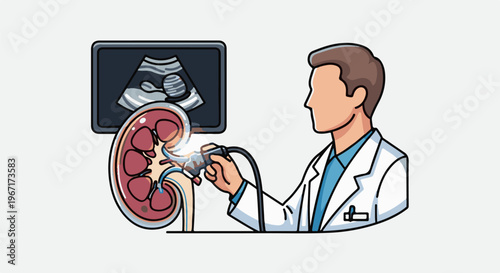 Doctor examines a kidney with a scope, ultrasound image displayed