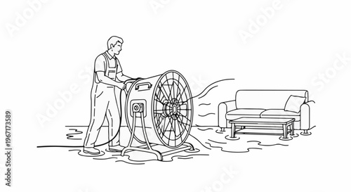 Person using industrial fan to dry a waterlogged room with furniture