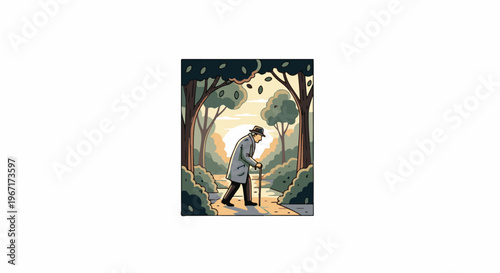 Elderly man walks with a cane on a path lined with trees