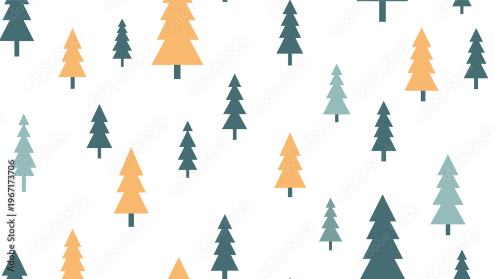 Obraz premium Minimalist seamless pattern featuring stylized pine trees in various shades of orange, teal, and blue on a plain white background.