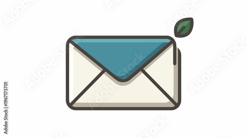 Sustainable digital communication symbol featuring an envelope with a fresh green leaf, representing eco-friendly messaging and environmental consciousness