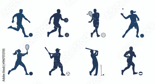 Collection of sports silhouettes soccer, basketball, tennis, volleyball, baseball, golf, rugby