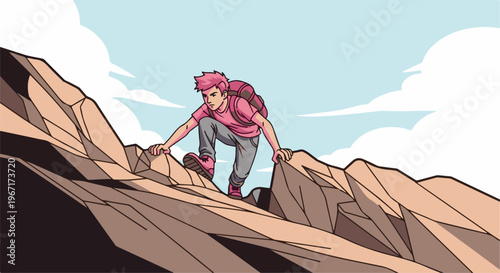 Person with pink hair and backpack climbs a rocky mountain under a cloudy sky