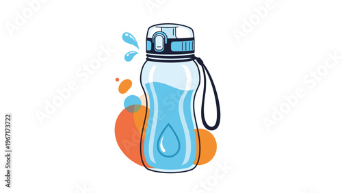 Modern sports water bottle illustration with blue liquid inside and vibrant abstract orange and blue shapes in the background.