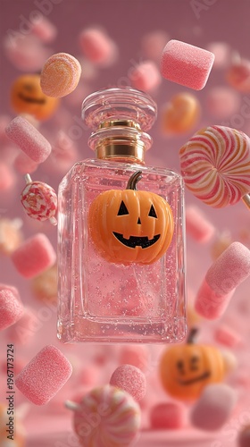 Halloween-themed perfume bottle with pumpkin and candy composition