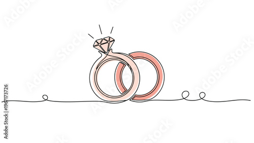 Elegant continuous line art illustration of two interlocking rings with a sparkling diamond on top for engagement or wedding.